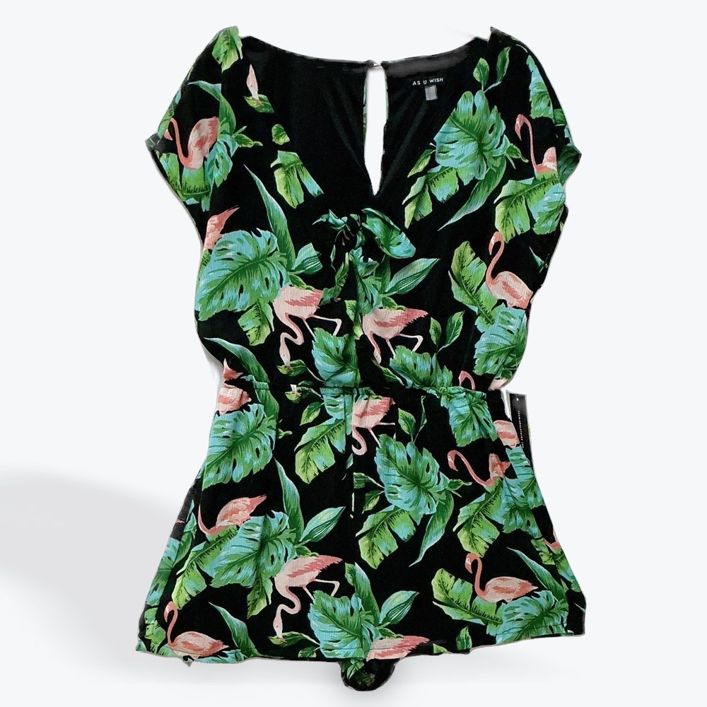 As U Wish Womens Tropical Flamingo Palm Print Romper Black Green Pink Large NEW